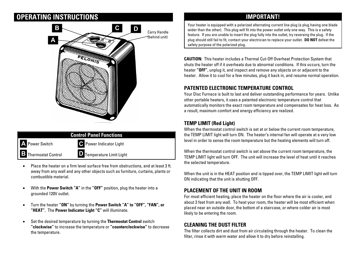 Operating instructions | Pelonis HC-451 User Manual | Page 2 / 4