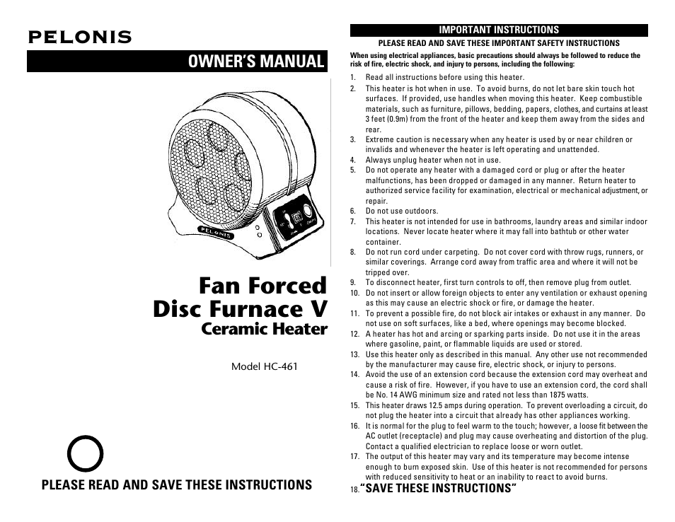 Pelonis HC-461 User Manual | 8 pages
