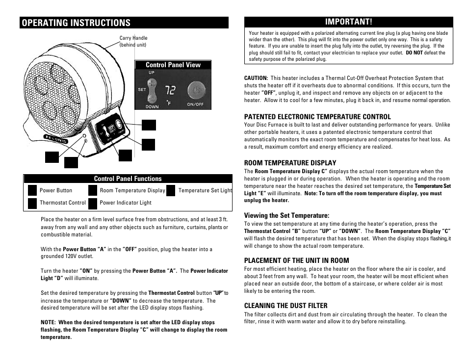 Operating instructions, Important | Pelonis HC-461 User Manual | Page 2 / 8