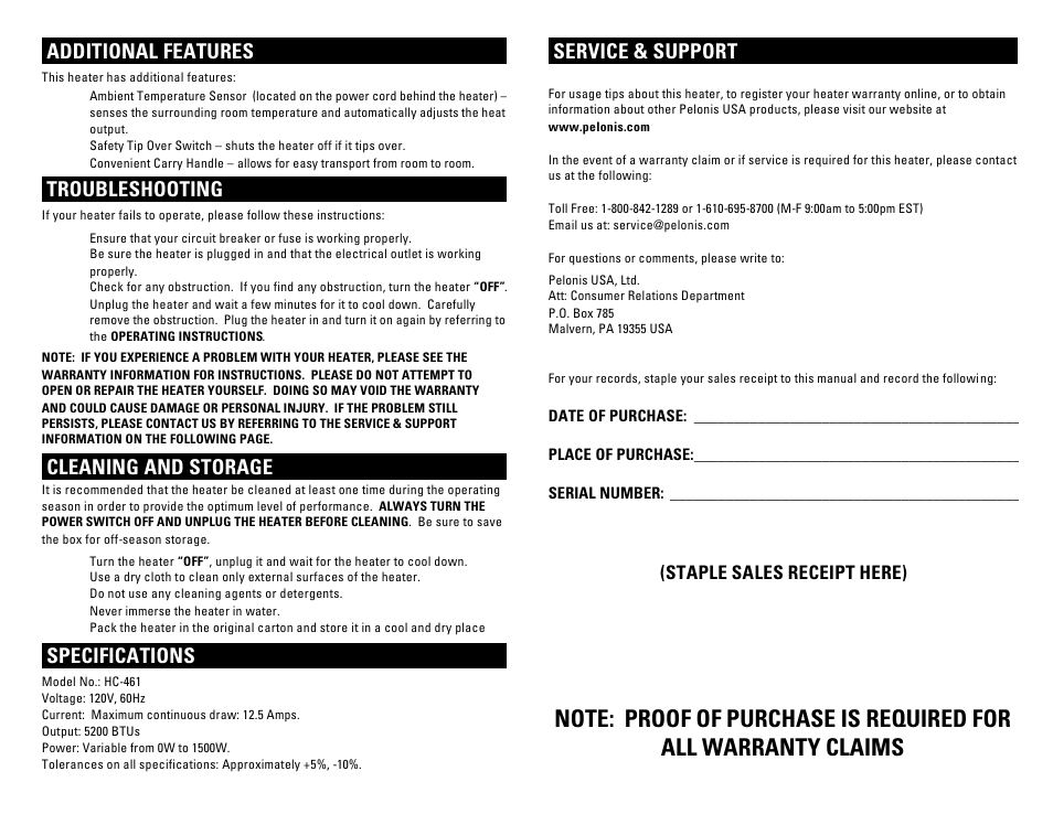 Service & support, Additional features, Troubleshooting | Cleaning and storage, Specifications, Staple sales receipt here) | Pelonis HC-461 User Manual | Page 3 / 8