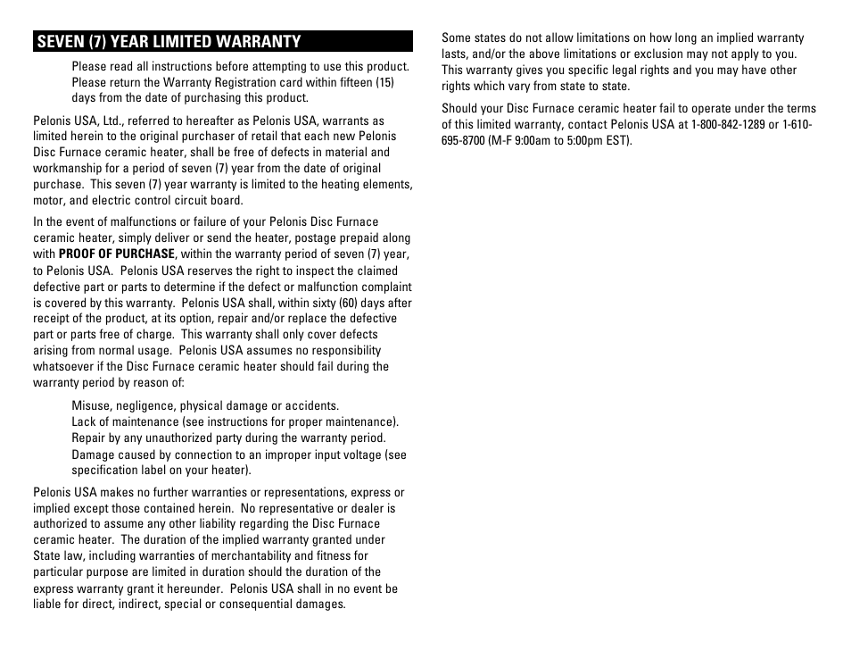 Seven (7) year limited warranty | Pelonis HC-461 User Manual | Page 4 / 8