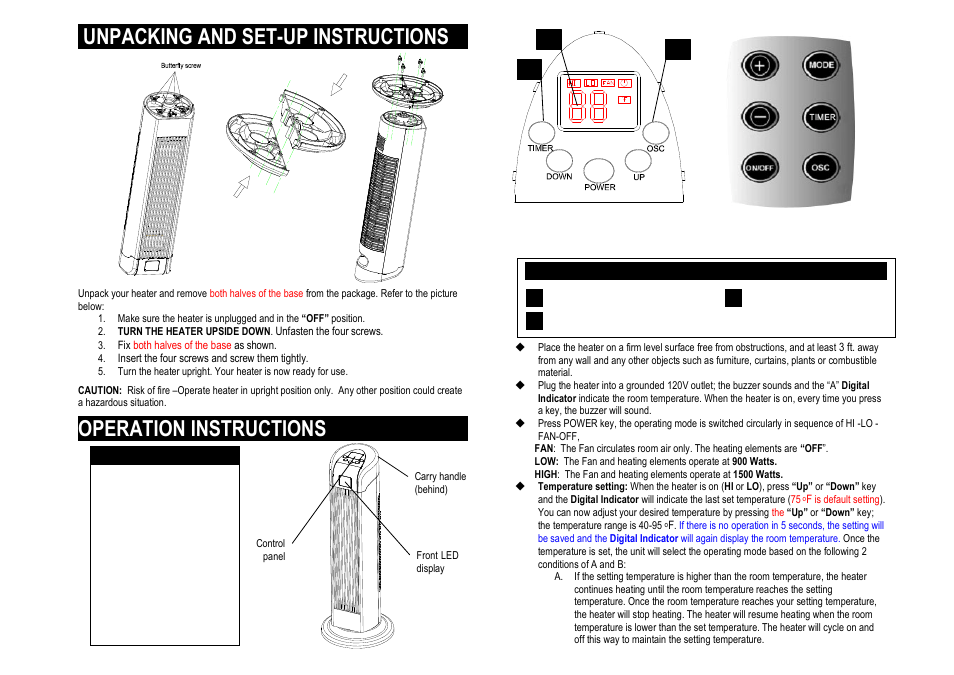 Unpacking and set-up instructions, Operation instructions, Important | Fig.1 control panel functions a b c, Ab c | Pelonis HC-0119A User Manual | Page 2 / 4