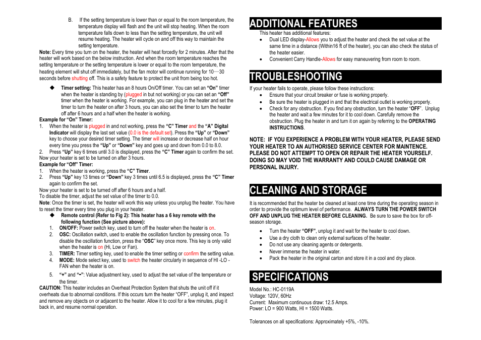 Additional features, Troubleshooting, Cleaning and storage | Specifications | Pelonis HC-0119A User Manual | Page 3 / 4