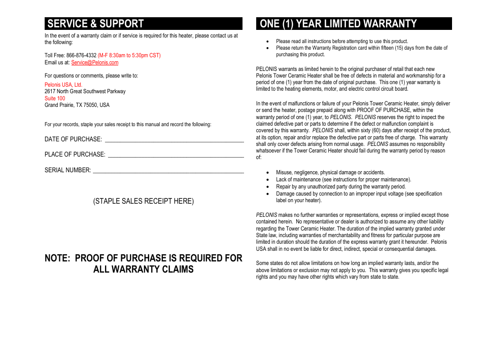 Service & support, One (1) year limited warranty | Pelonis HC-0119A User Manual | Page 4 / 4