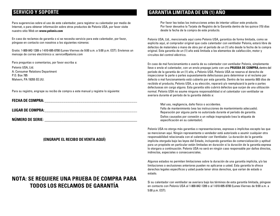 Servicio y soporte, Garantía limitada de un (1) año | Pelonis HB-211 User Manual | Page 6 / 6