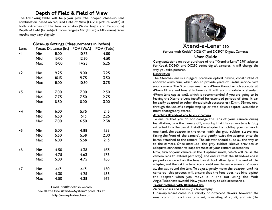 Photosolve 290 User Manual | 2 pages