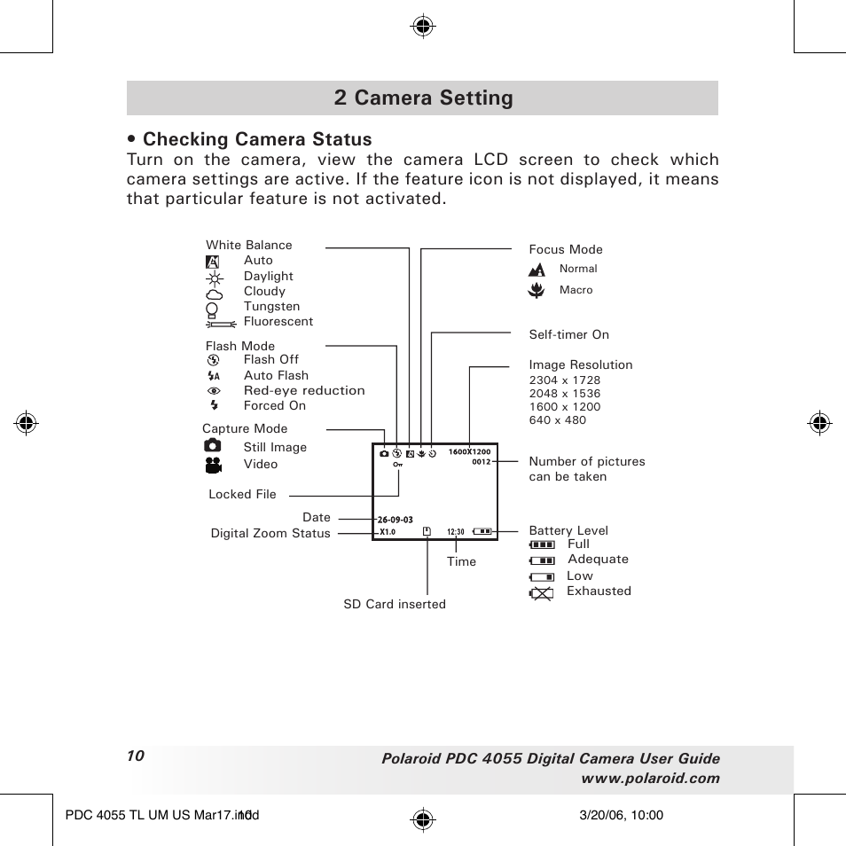 2 camera setting, Checking camera status | Polaroid PDC4055 User Manual | Page 10 / 72