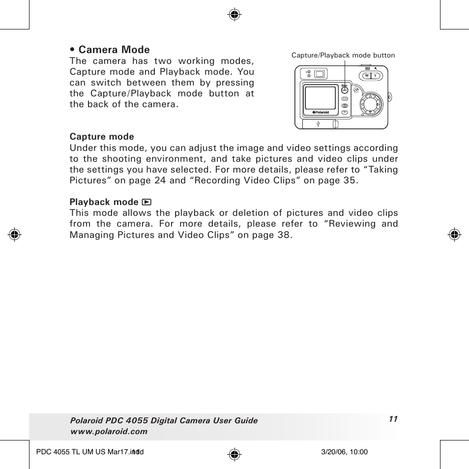 Camera mode | Polaroid PDC4055 User Manual | Page 11 / 72