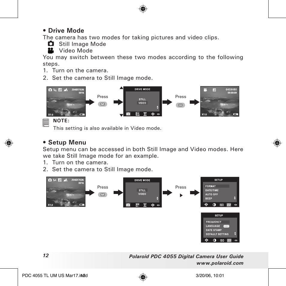 Drive mode, Setup menu | Polaroid PDC4055 User Manual | Page 12 / 72