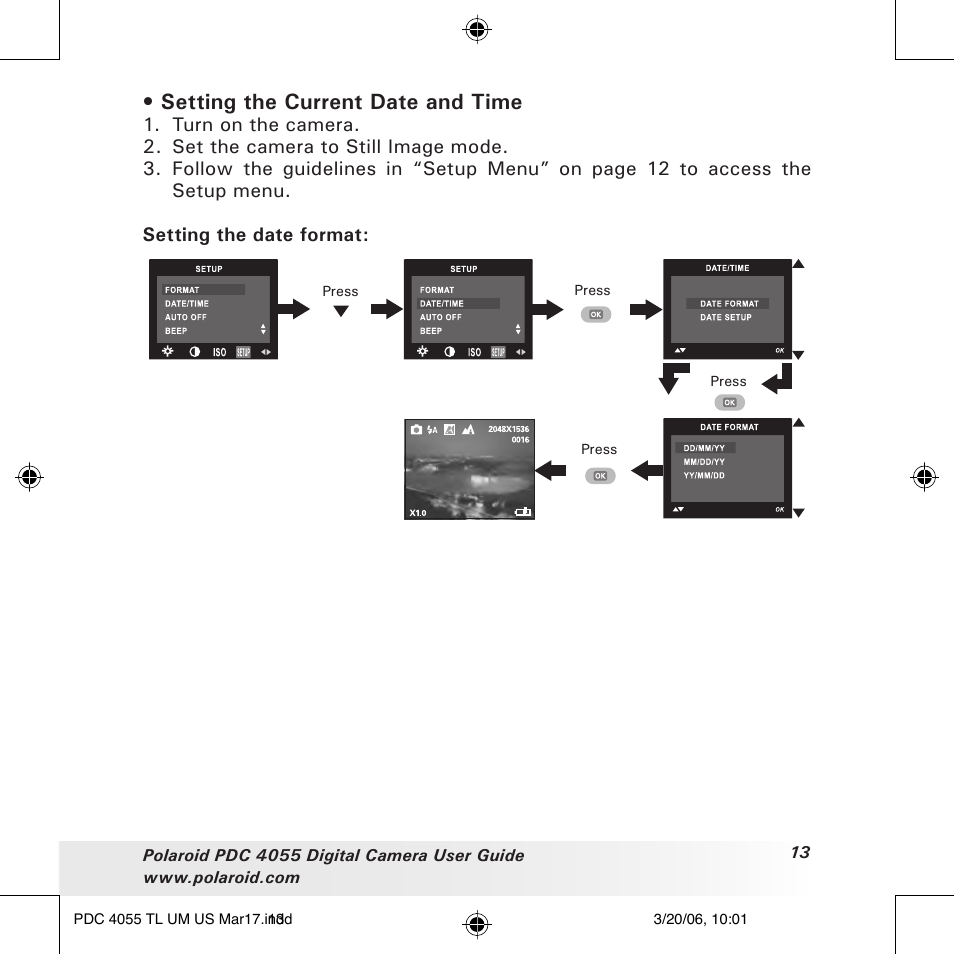 Setting the current date and time | Polaroid PDC4055 User Manual | Page 13 / 72