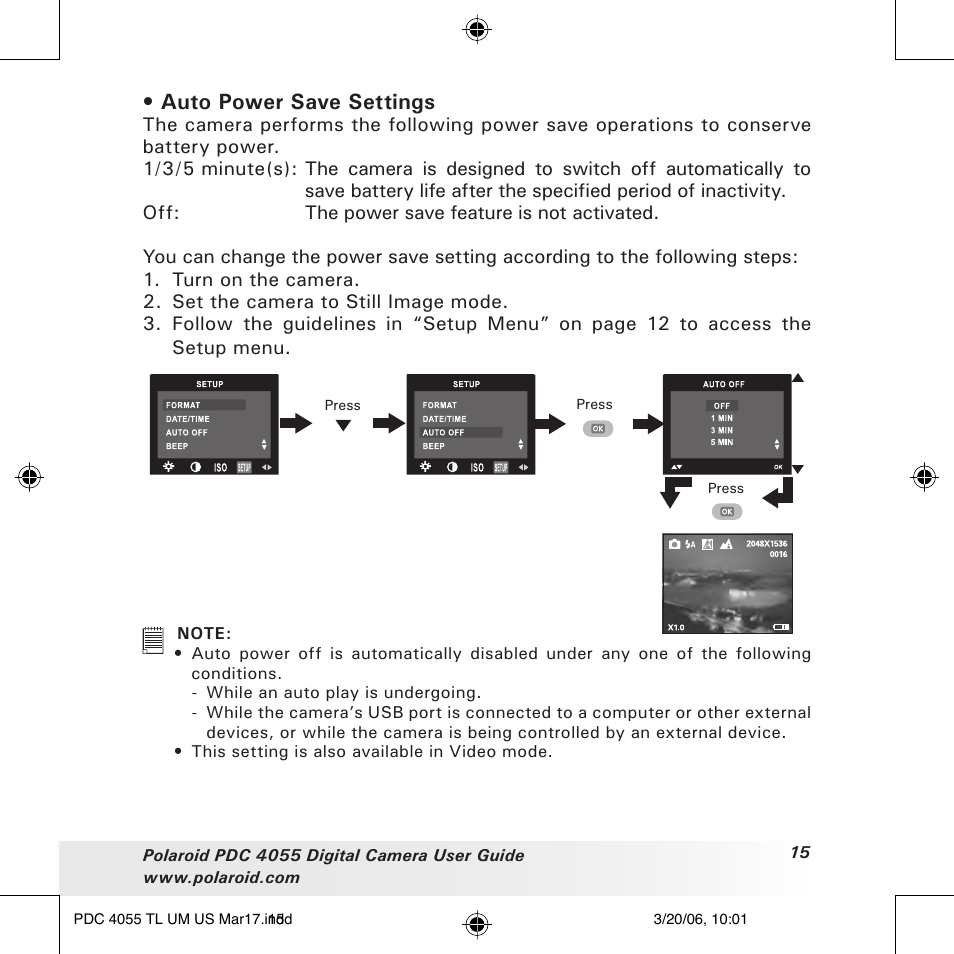 Auto power save settings | Polaroid PDC4055 User Manual | Page 15 / 72