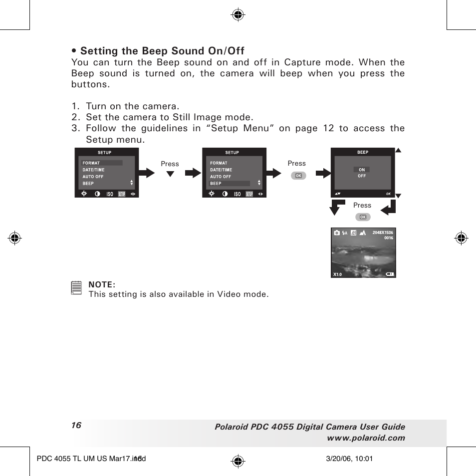 Setting the beep sound on/off | Polaroid PDC4055 User Manual | Page 16 / 72