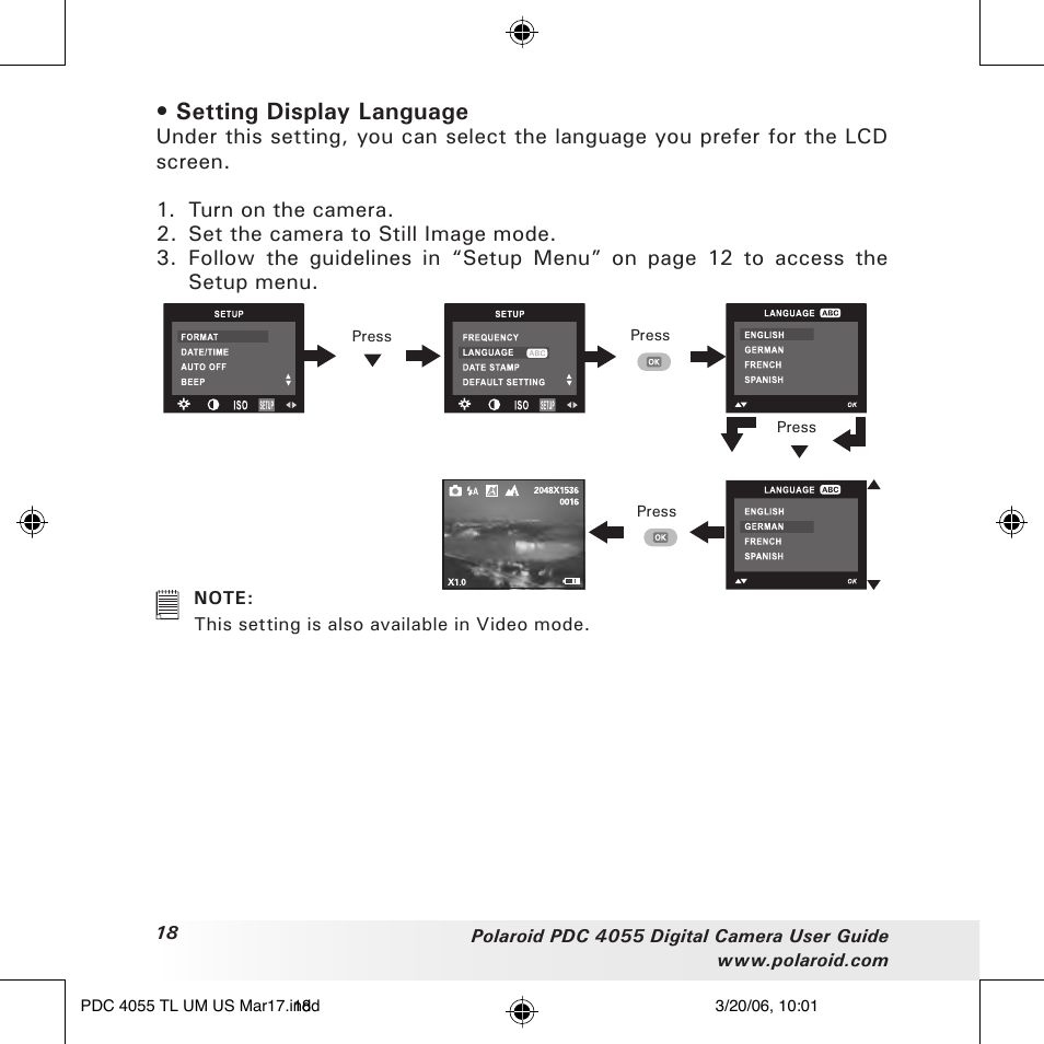 Setting display language | Polaroid PDC4055 User Manual | Page 18 / 72