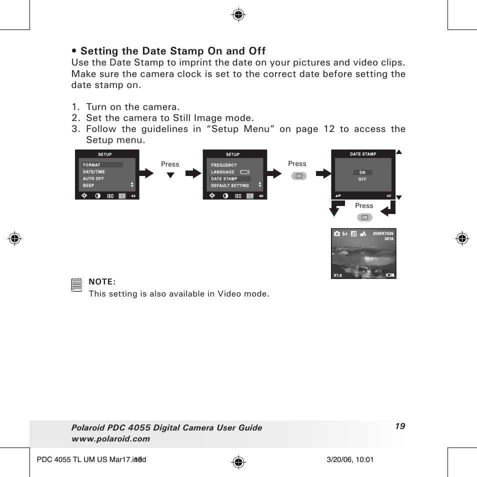 Setting the date stamp on and off | Polaroid PDC4055 User Manual | Page 19 / 72