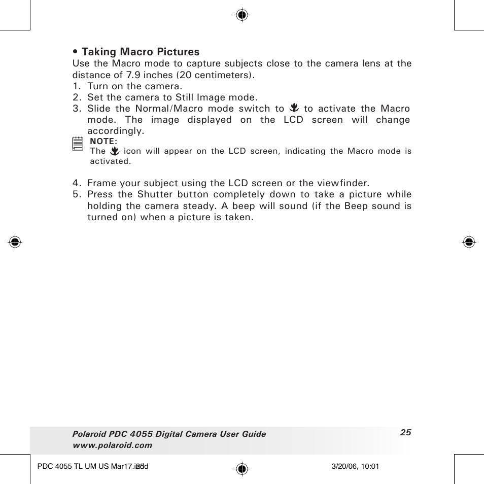 Taking macro pictures | Polaroid PDC4055 User Manual | Page 25 / 72