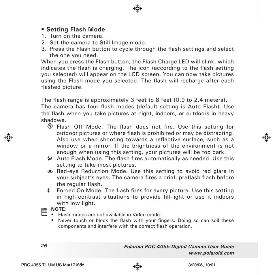 Setting flash mode | Polaroid PDC4055 User Manual | Page 26 / 72