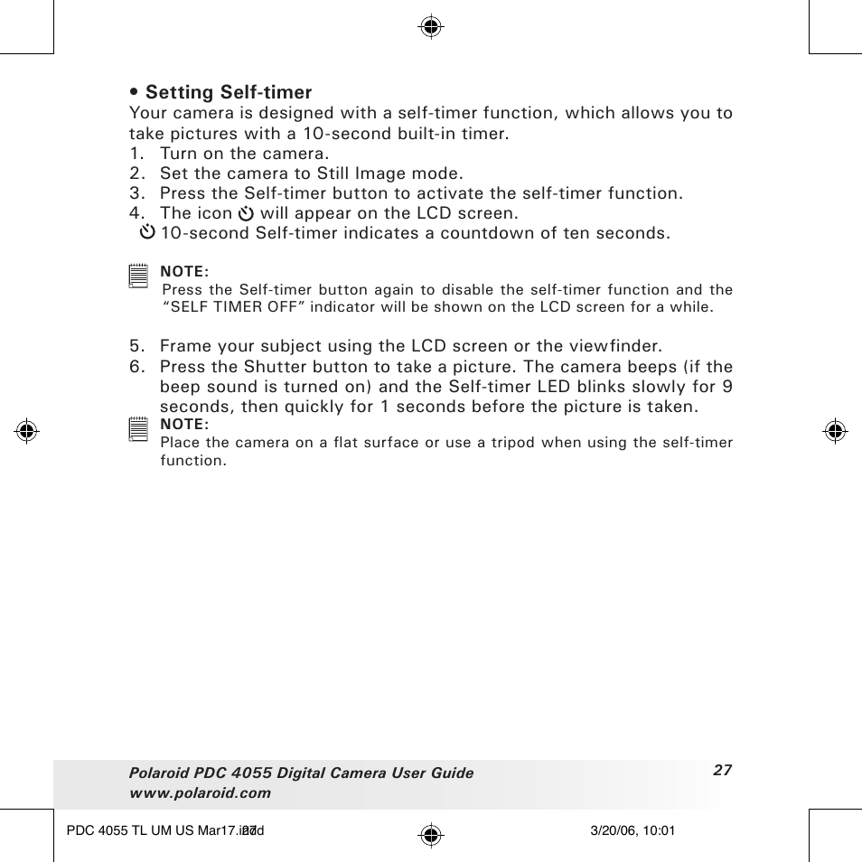 Setting self-timer | Polaroid PDC4055 User Manual | Page 27 / 72