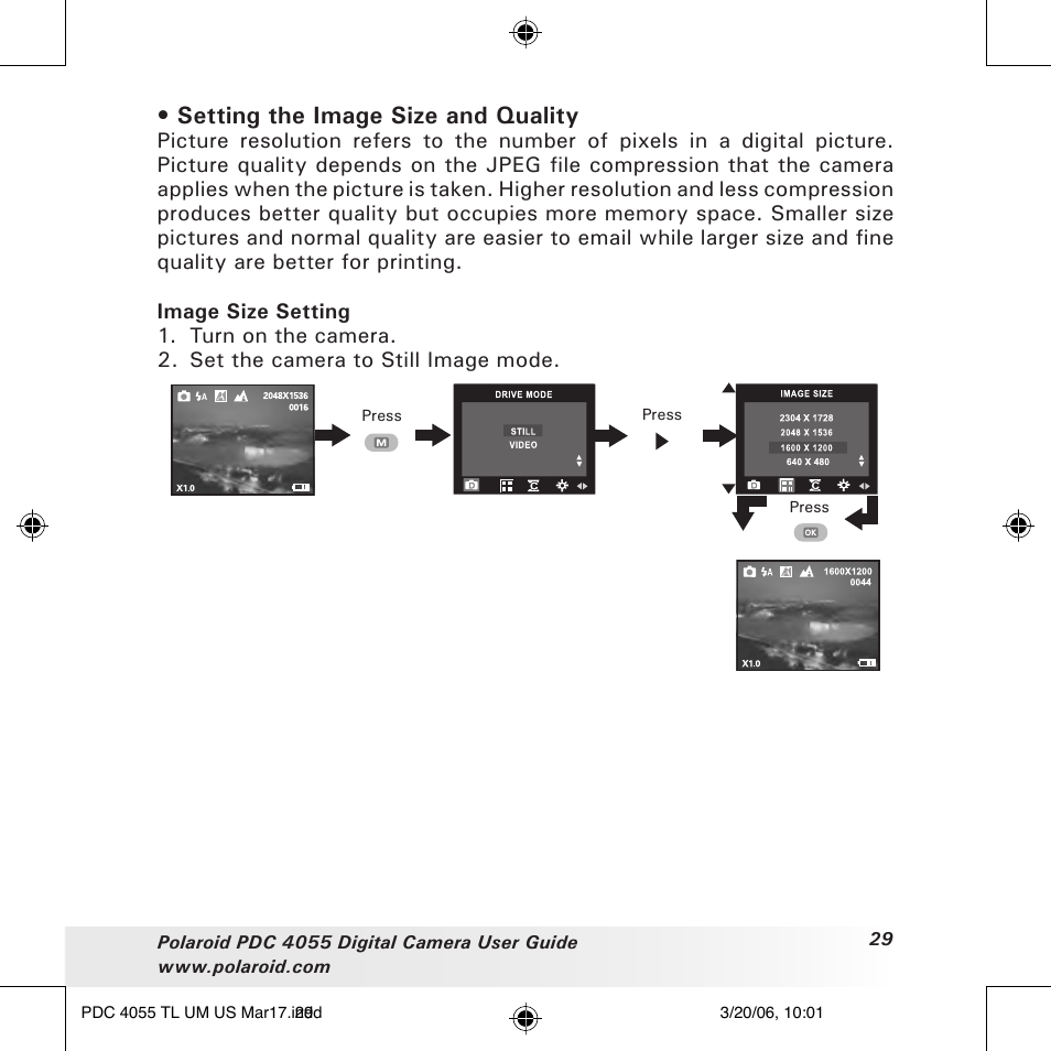 Setting the image size and quality | Polaroid PDC4055 User Manual | Page 29 / 72
