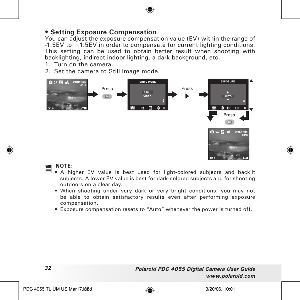 Setting exposure compensation | Polaroid PDC4055 User Manual | Page 32 / 72