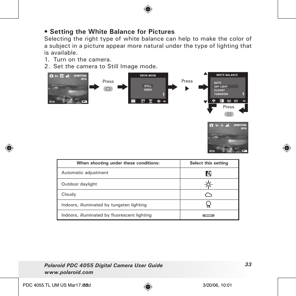 Setting the white balance for pictures | Polaroid PDC4055 User Manual | Page 33 / 72