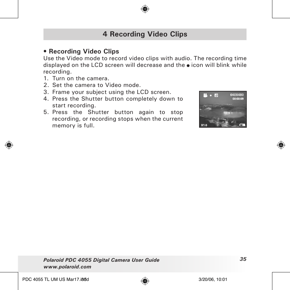 4 recording video clips, Recording video clips | Polaroid PDC4055 User Manual | Page 35 / 72