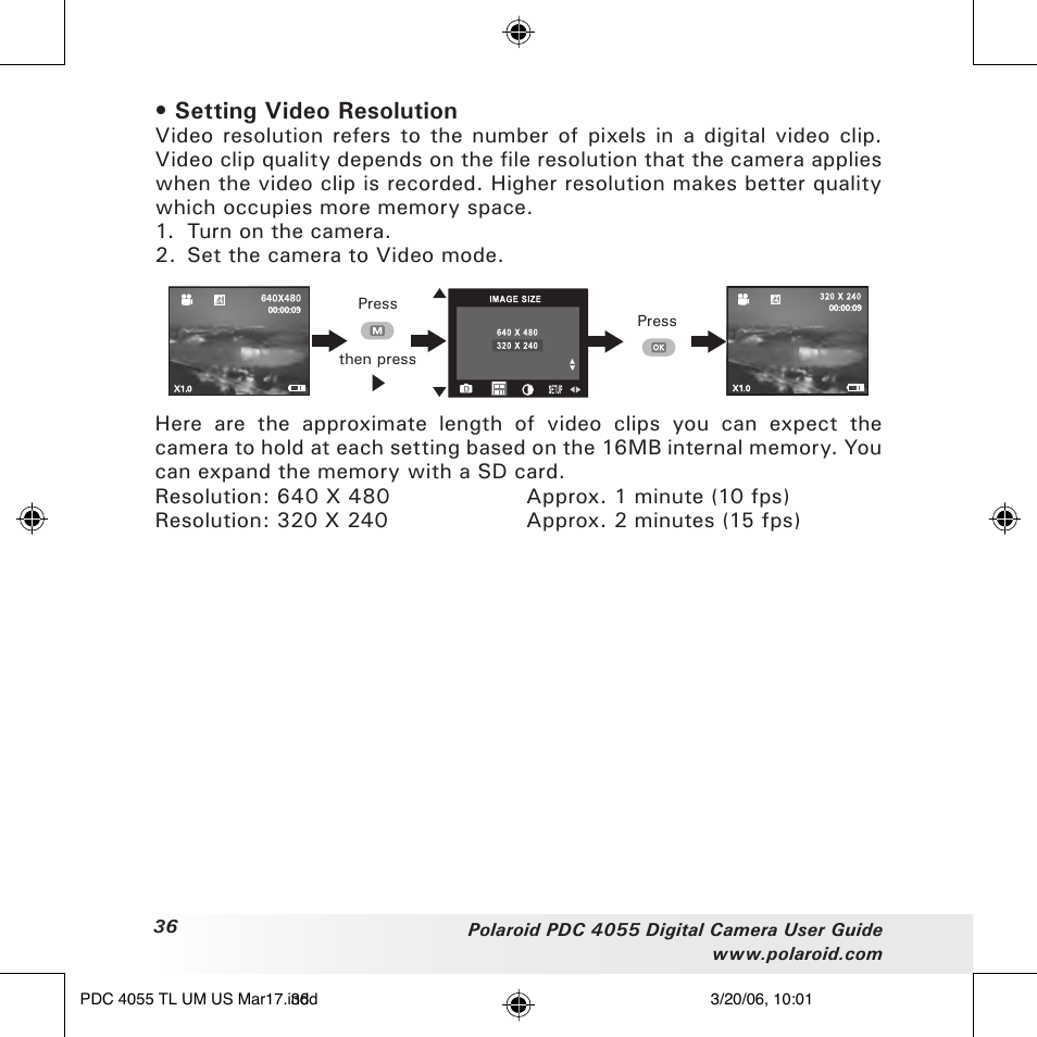 Setting video resolution | Polaroid PDC4055 User Manual | Page 36 / 72