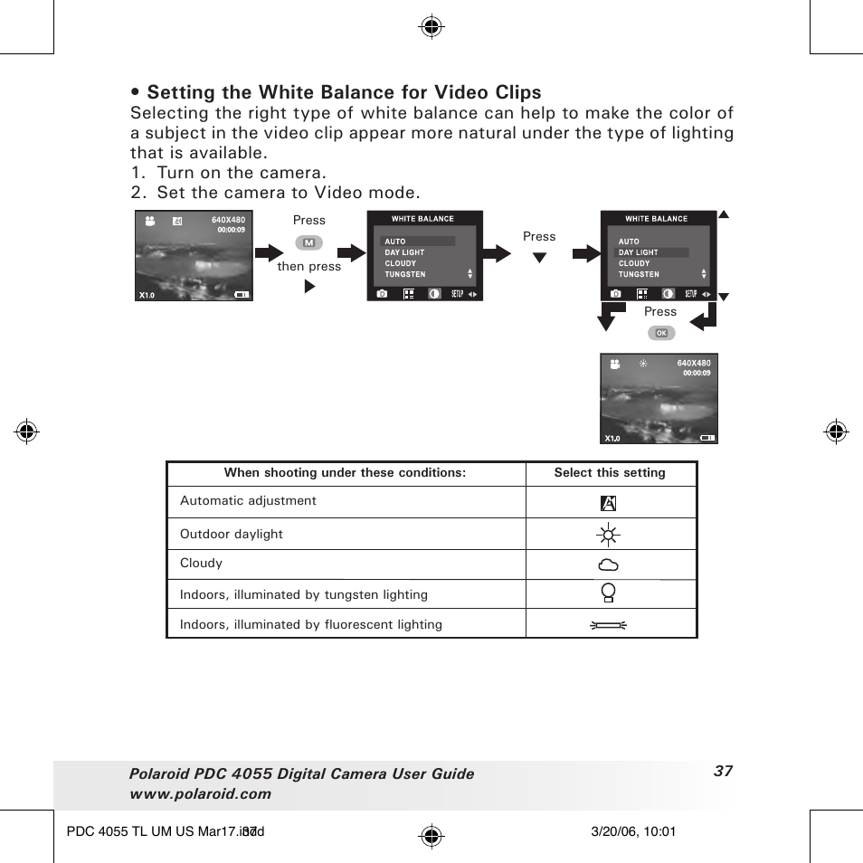 Setting the white balance for video clips | Polaroid PDC4055 User Manual | Page 37 / 72