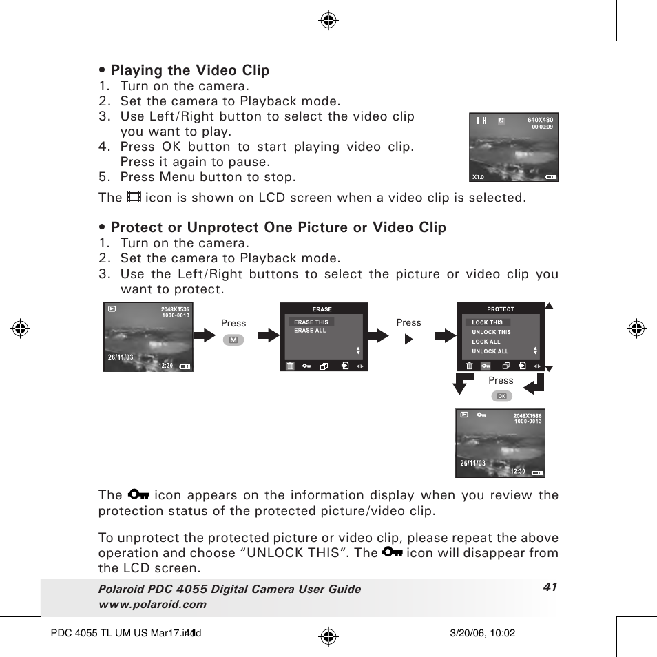 Playing the video clip, Protect or unprotect one picture or video clip | Polaroid PDC4055 User Manual | Page 41 / 72