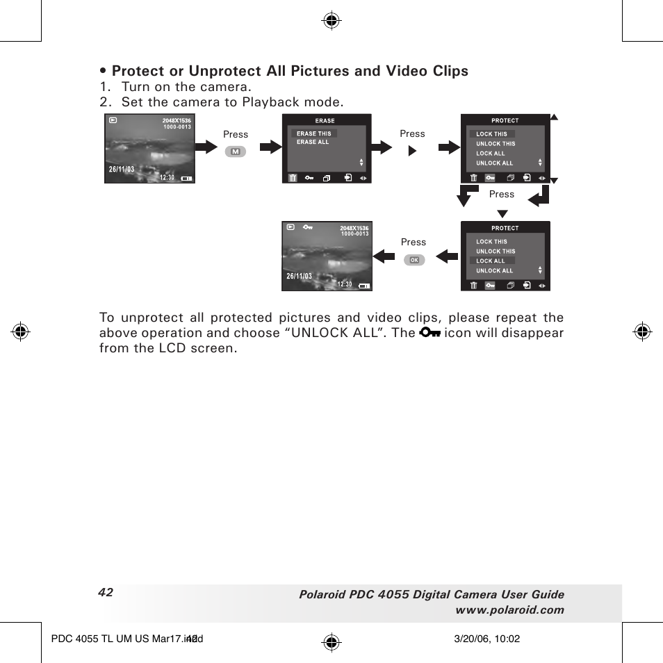 Protect or unprotect all pictures and video clips | Polaroid PDC4055 User Manual | Page 42 / 72