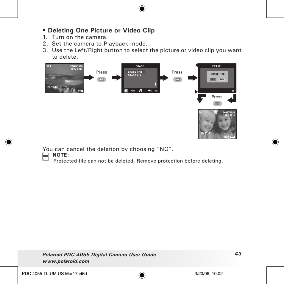 Deleting one picture or video clip | Polaroid PDC4055 User Manual | Page 43 / 72