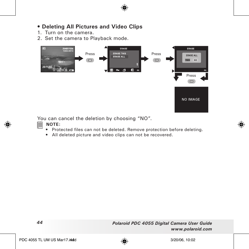 Deleting all pictures and video clips | Polaroid PDC4055 User Manual | Page 44 / 72