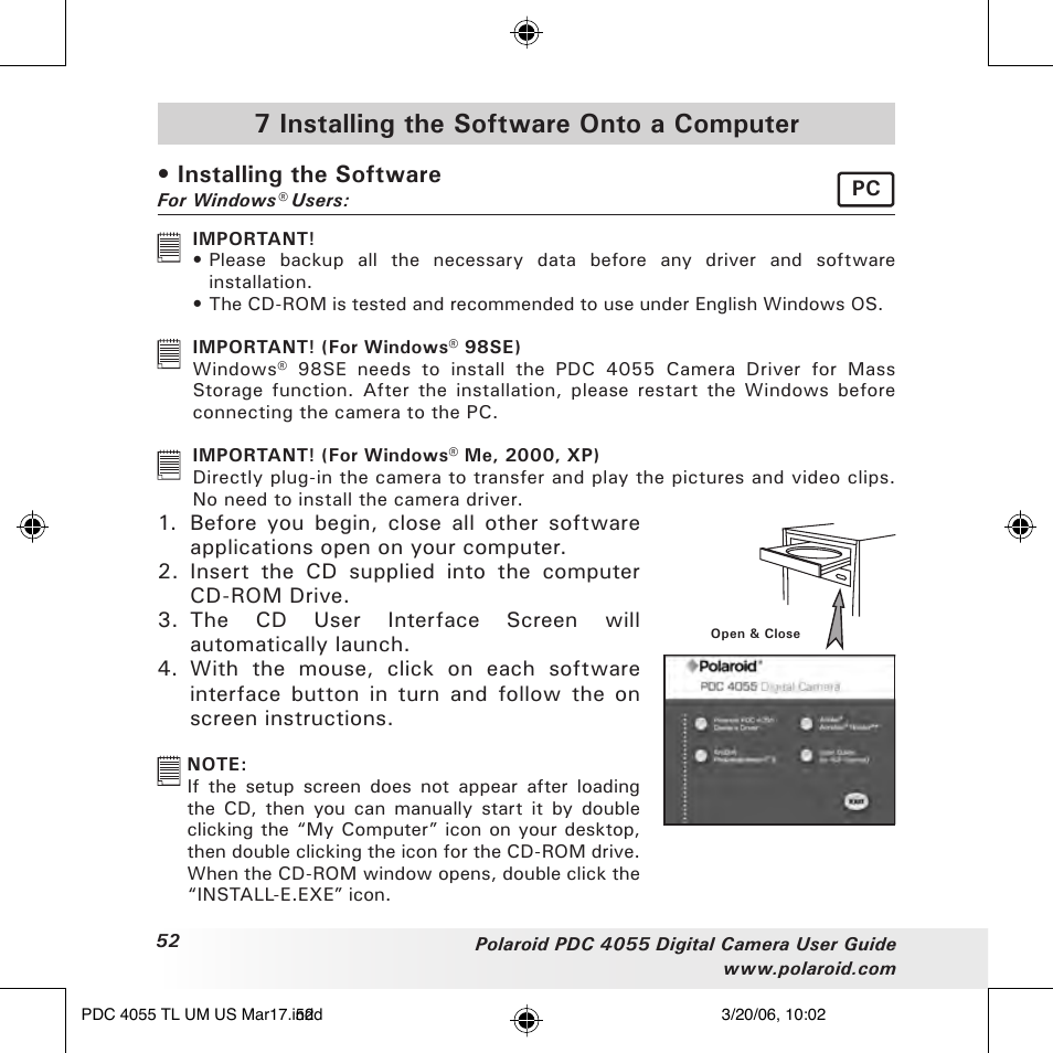 7 installing the software onto a computer, Installing the software | Polaroid PDC4055 User Manual | Page 52 / 72