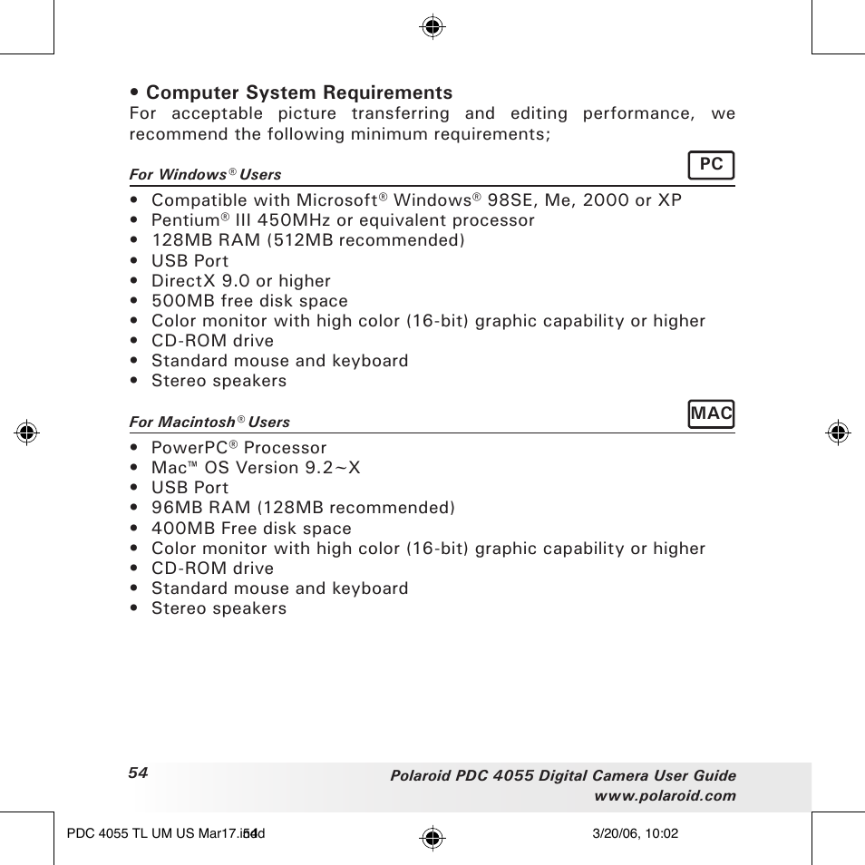 Computer system requirements | Polaroid PDC4055 User Manual | Page 54 / 72