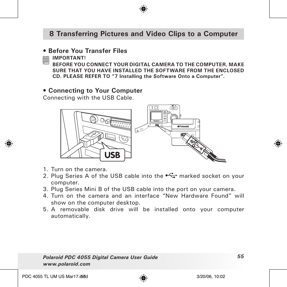 Before you transfer files, Connecting to your computer | Polaroid PDC4055 User Manual | Page 55 / 72