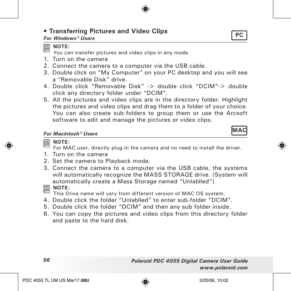 Transferring pictures and video clips | Polaroid PDC4055 User Manual | Page 56 / 72