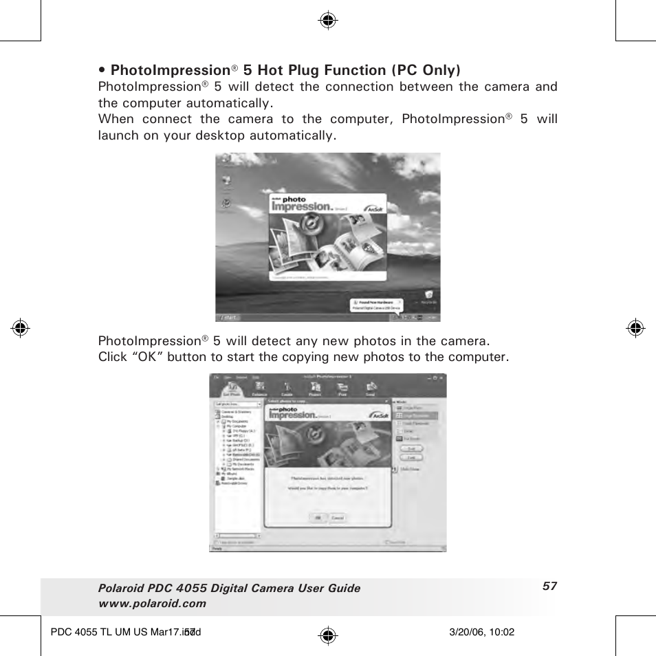 Photoimpression, 5 hot plug function (pc only) | Polaroid PDC4055 User Manual | Page 57 / 72