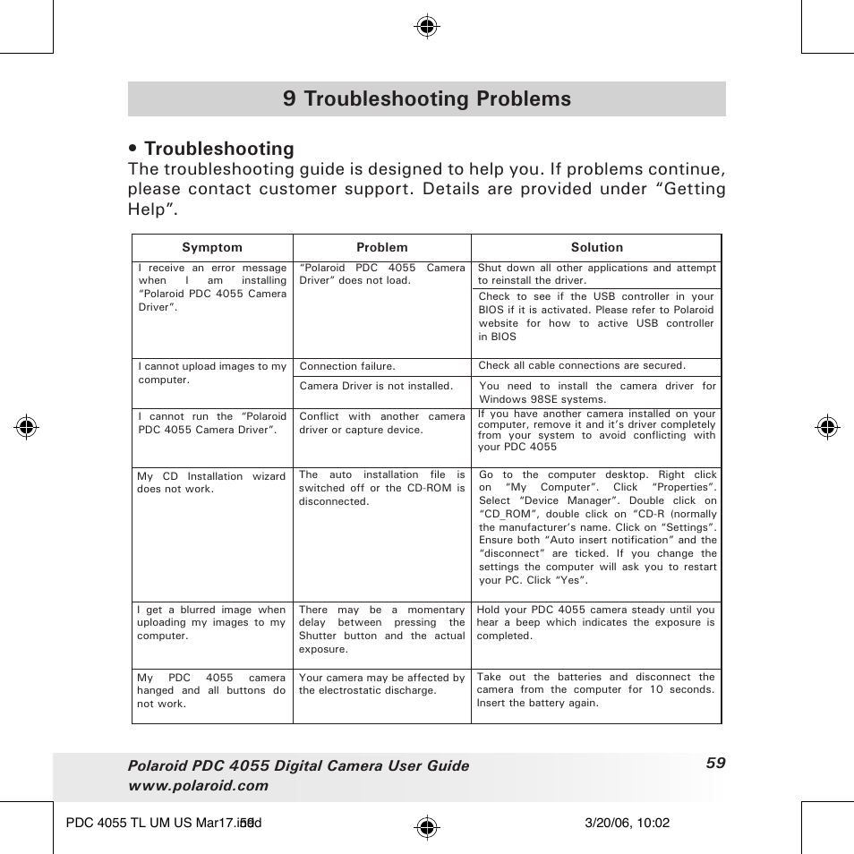 9 troubleshooting problems, Troubleshooting | Polaroid PDC4055 User Manual | Page 59 / 72