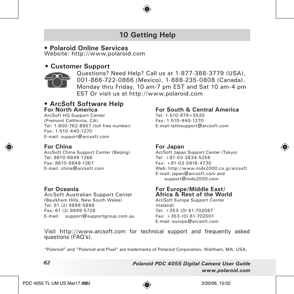 10 getting help, Polaroid online services, Customer support | Arcsoft software help | Polaroid PDC4055 User Manual | Page 62 / 72