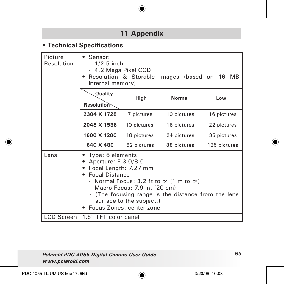 11 appendix, Technical specifications | Polaroid PDC4055 User Manual | Page 63 / 72