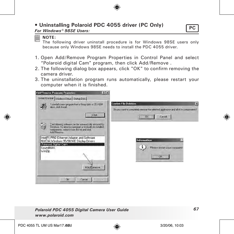 Uninstalling polaroid pdc 4055 driver (pc only) | Polaroid PDC4055 User Manual | Page 67 / 72