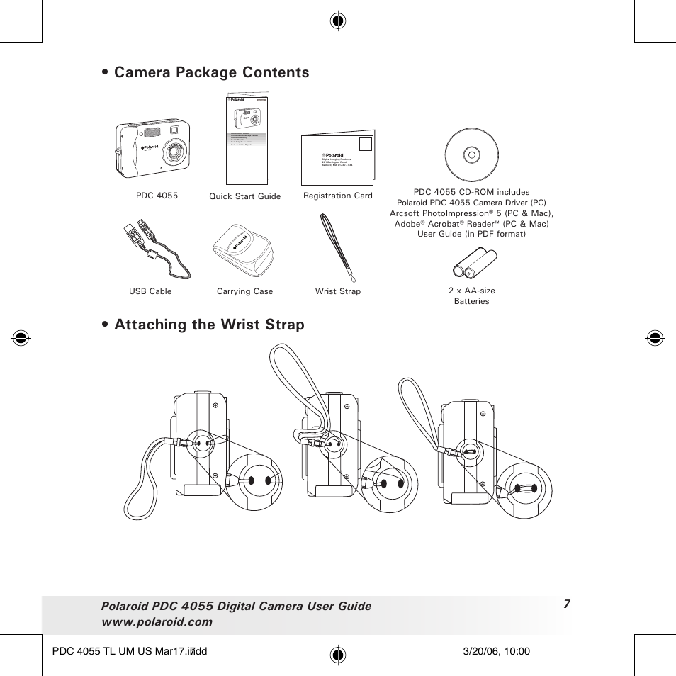 Camera package contents, Attaching the wrist strap | Polaroid PDC4055 User Manual | Page 7 / 72