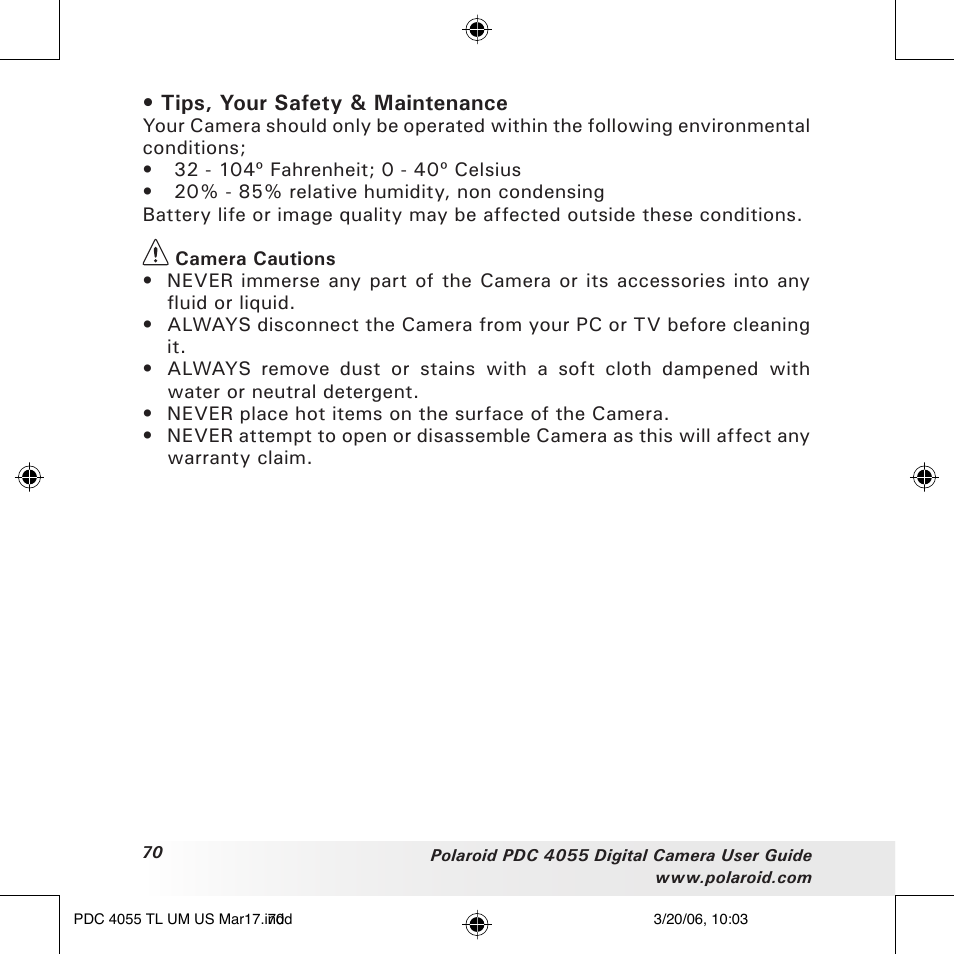 Tips, your safety & maintenance | Polaroid PDC4055 User Manual | Page 70 / 72