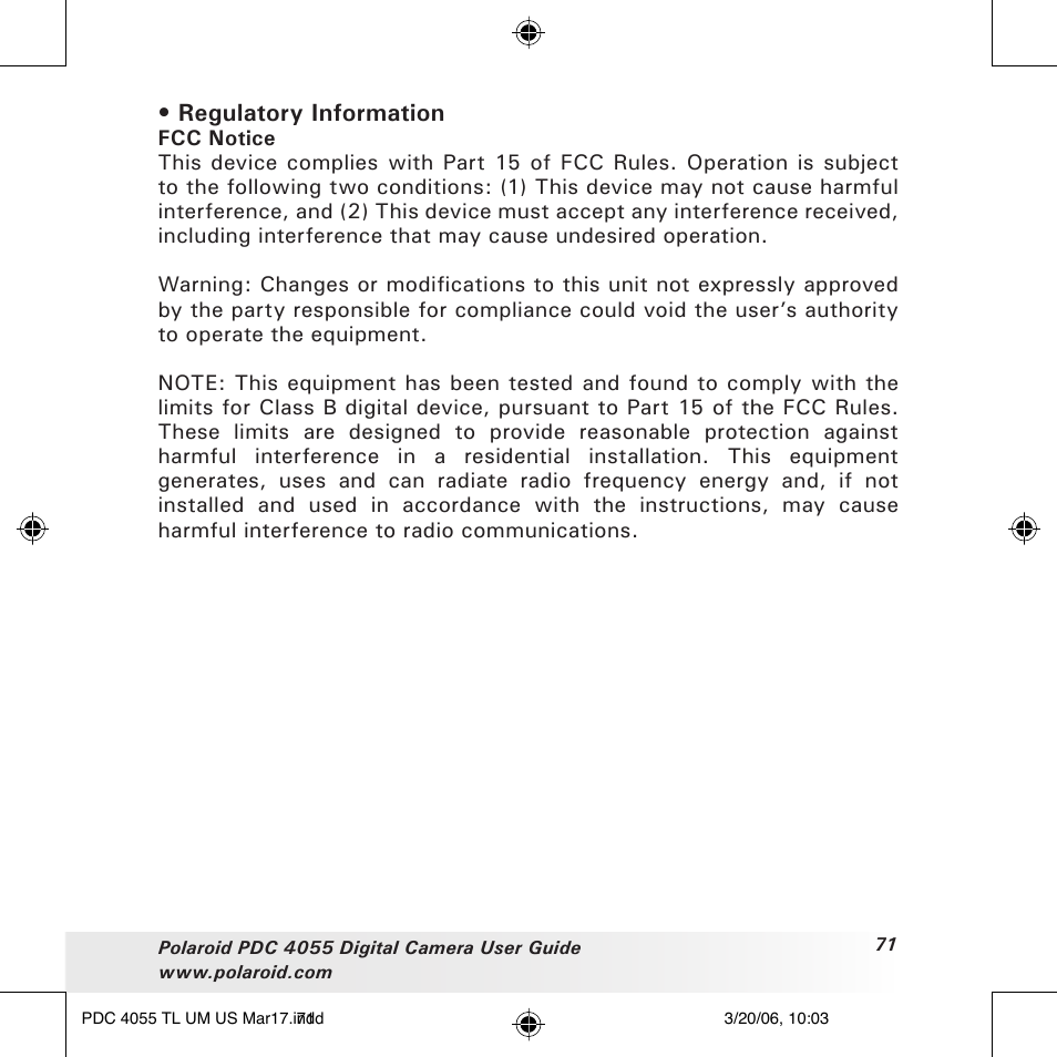 Regulatory information | Polaroid PDC4055 User Manual | Page 71 / 72