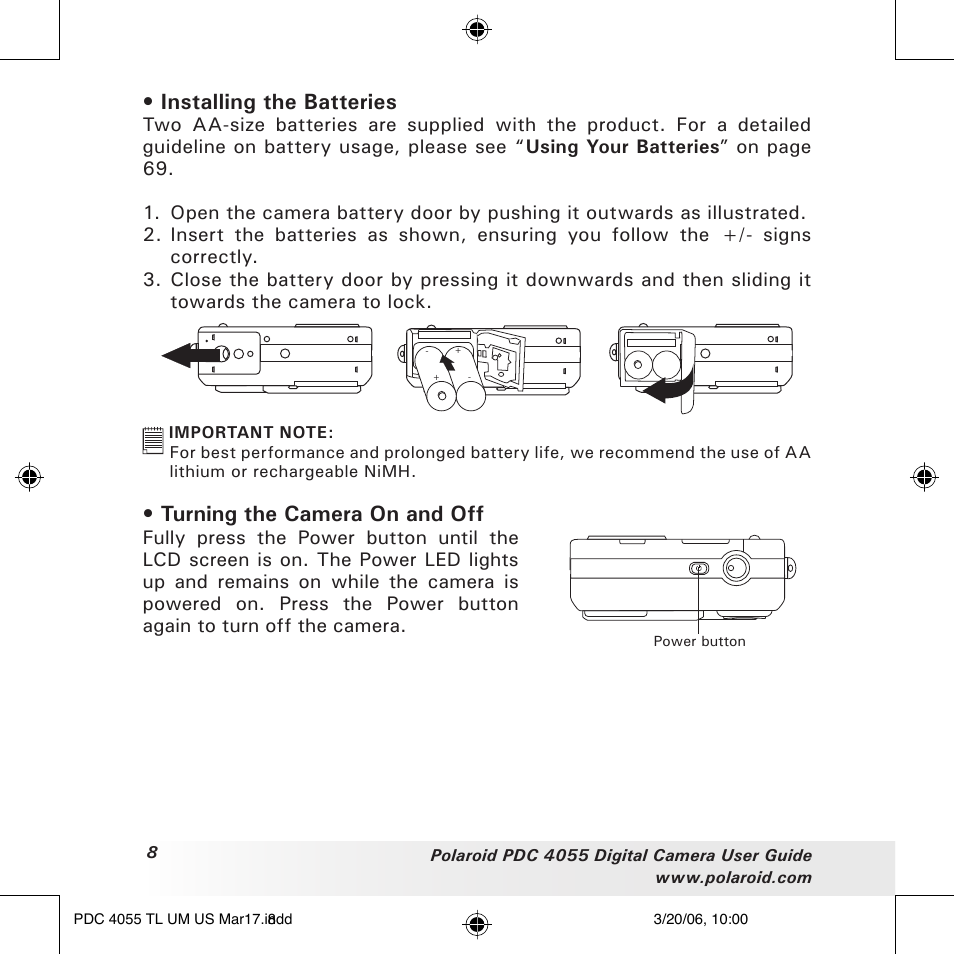 Installing the batteries, Turning the camera on and off | Polaroid PDC4055 User Manual | Page 8 / 72