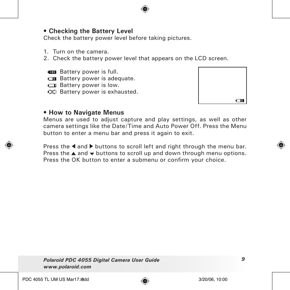 Checking the battery level, How to navigate menus | Polaroid PDC4055 User Manual | Page 9 / 72