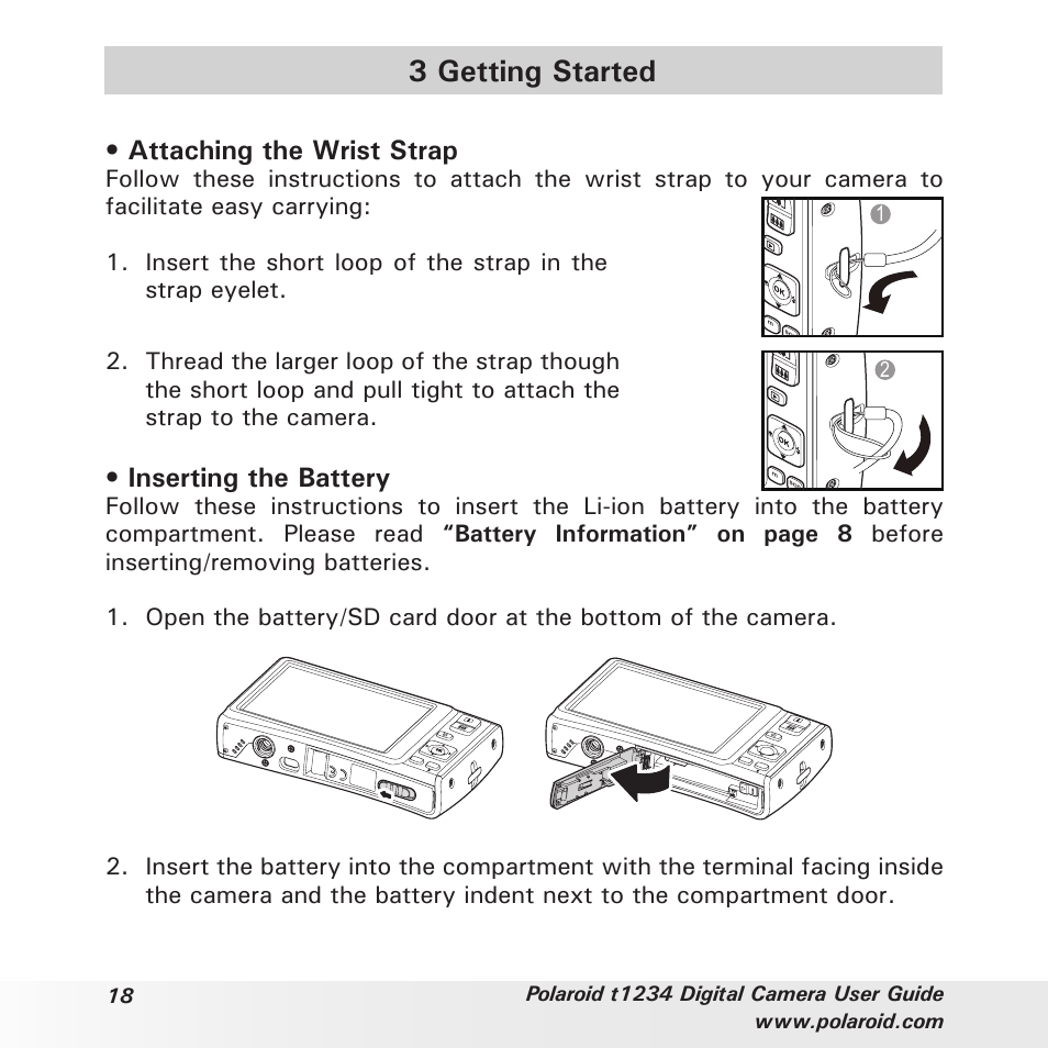 3 getting started, Attaching the wrist strap, Inserting the battery | Polaroid t1234 User Manual | Page 18 / 95