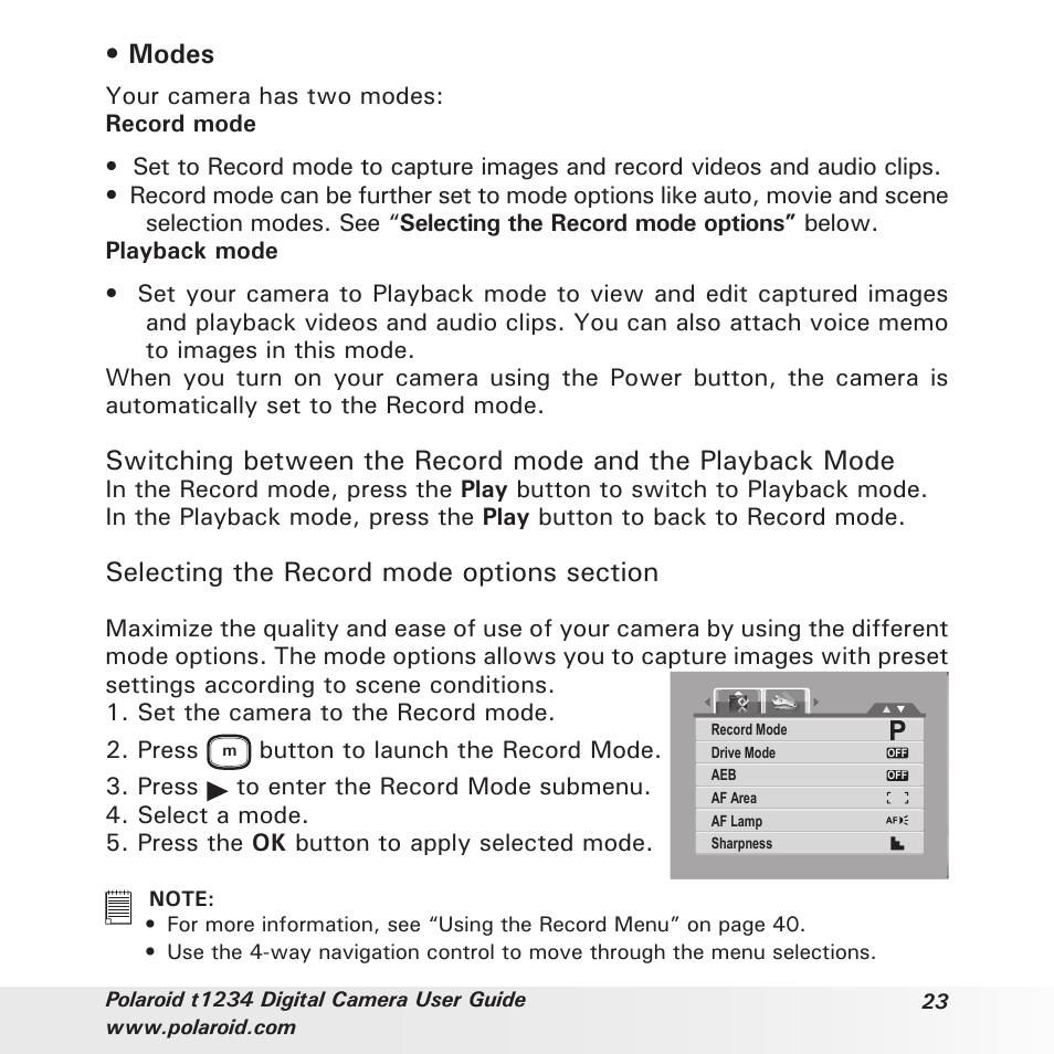Modes | Polaroid t1234 User Manual | Page 23 / 95
