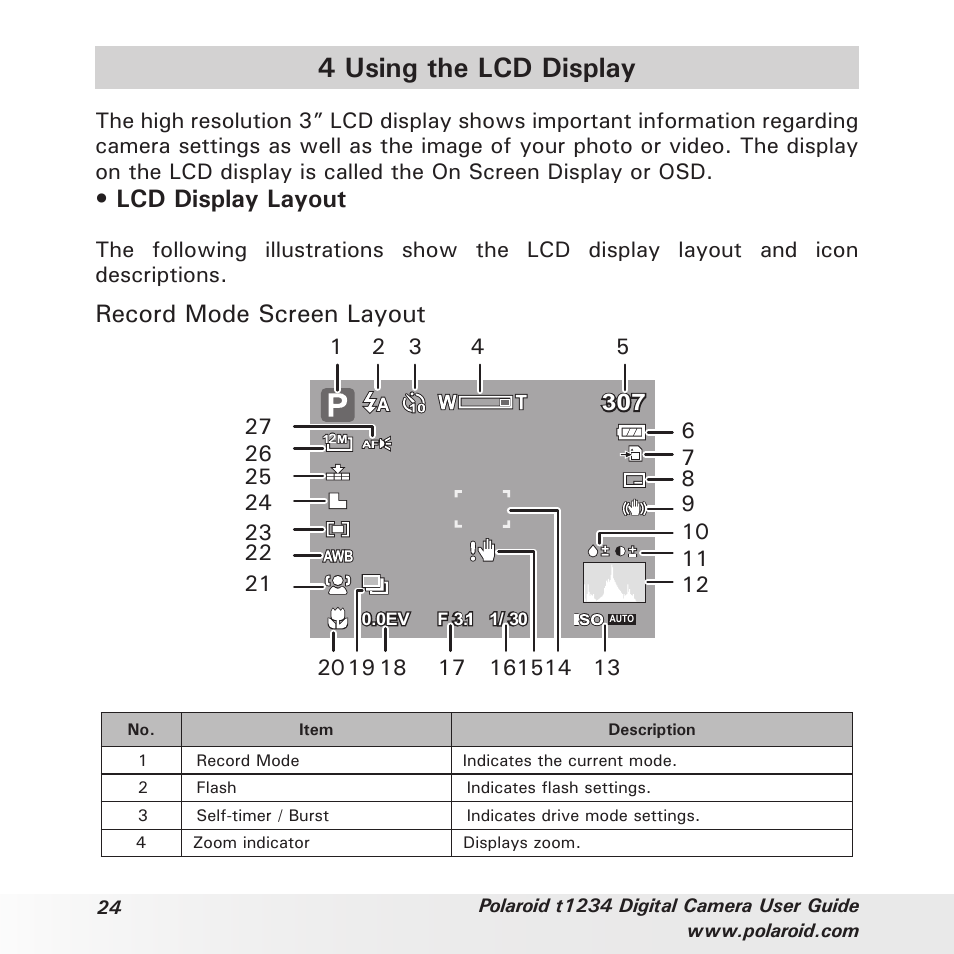 4 using the lcd display, Lcd display layout, Record mode screen layout | Polaroid t1234 User Manual | Page 24 / 95