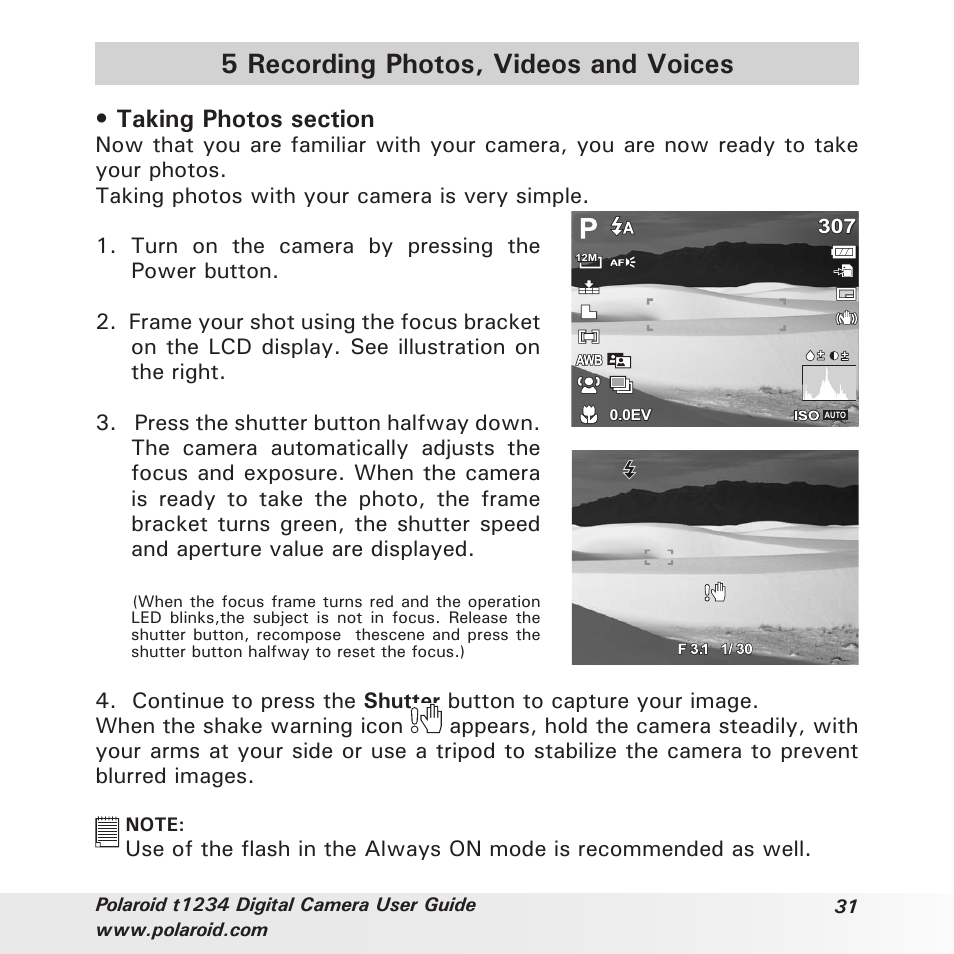 5 recording photos, videos and voices | Polaroid t1234 User Manual | Page 31 / 95
