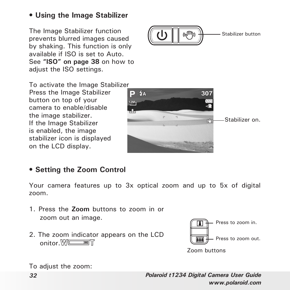 Using the image stabilizer, Setting the zoom control | Polaroid t1234 User Manual | Page 32 / 95